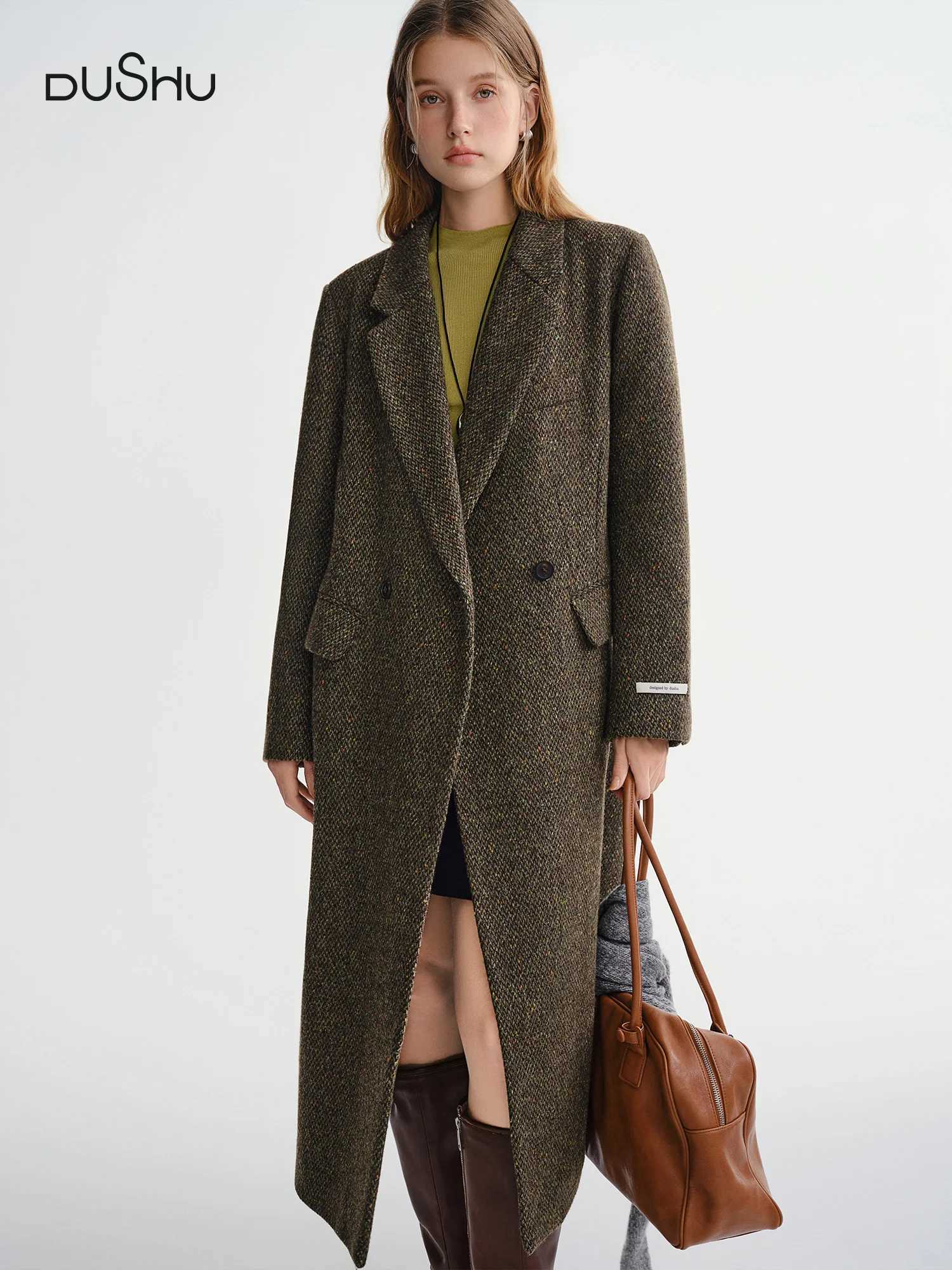 DUSHU Winter 2025 Womens Double Breasted Notch Lapel Wool Blend Coat - Classic Tweed Overcoat with Slim Fit for Office Casual J251124