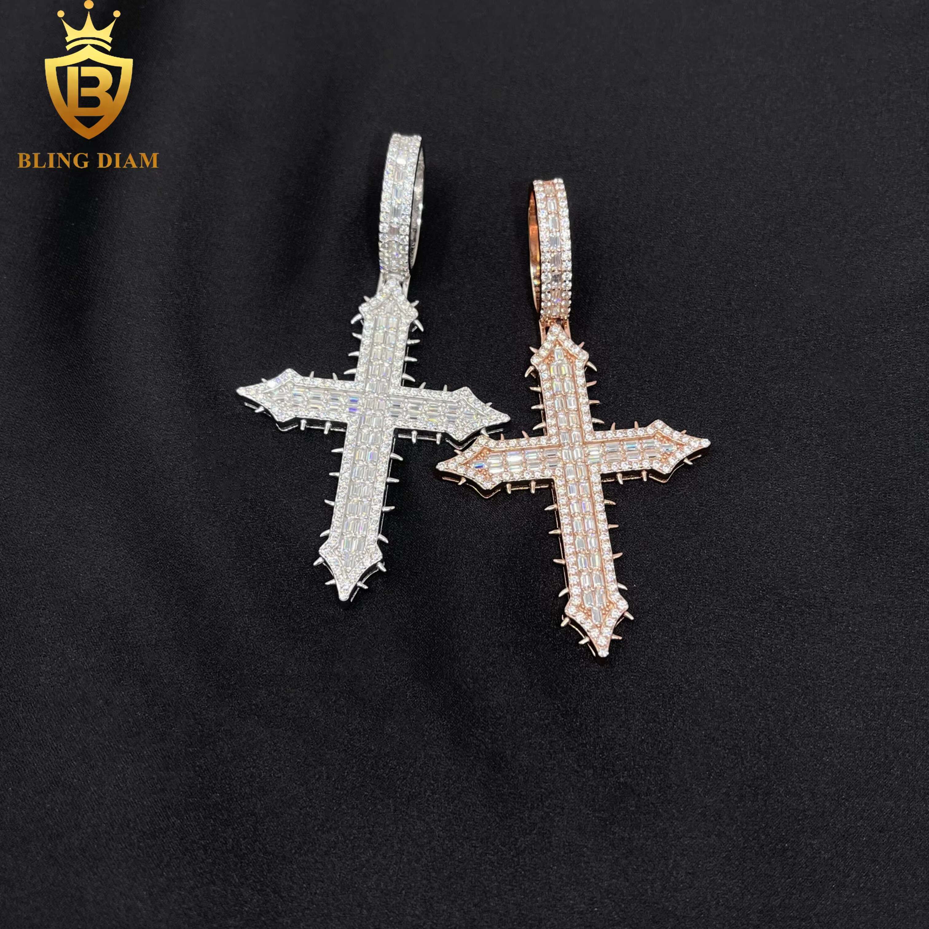 New Custom Hip Hop Jewelry Thorns Cross Pendant Necklace VVS Moissanite 925 Sterling Silver Stainless Steel