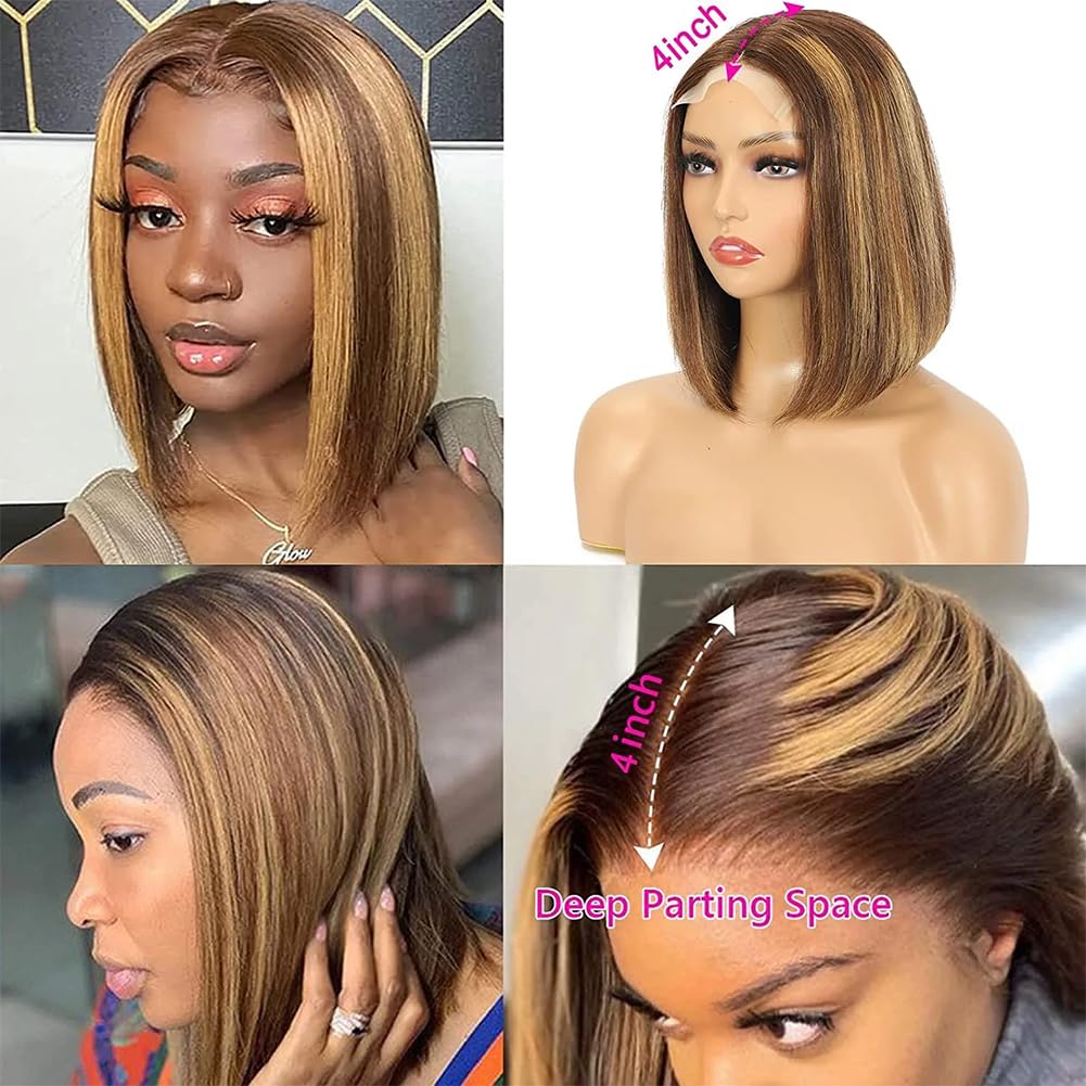 13x4 Bob Wig Highlight Blonde Lace Front Brazilian Human Hair For Black Women Pre Plucked Short Wigs Natural Straight Hair HD Frontal Closure Wig Shor