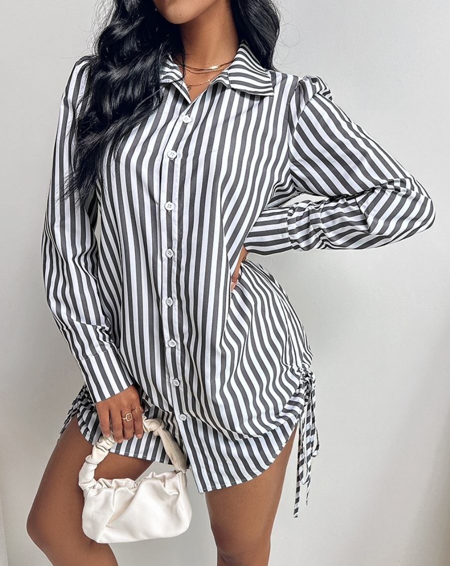 2024 Autumn Fashion Sexy Two Sided Drawstring Shirt Dress for Women