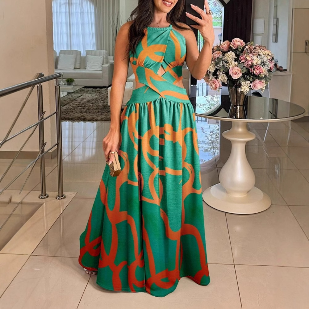 2025 new summer sleeveless off shoulder large swing skirt with high waist and backless strap dress for women