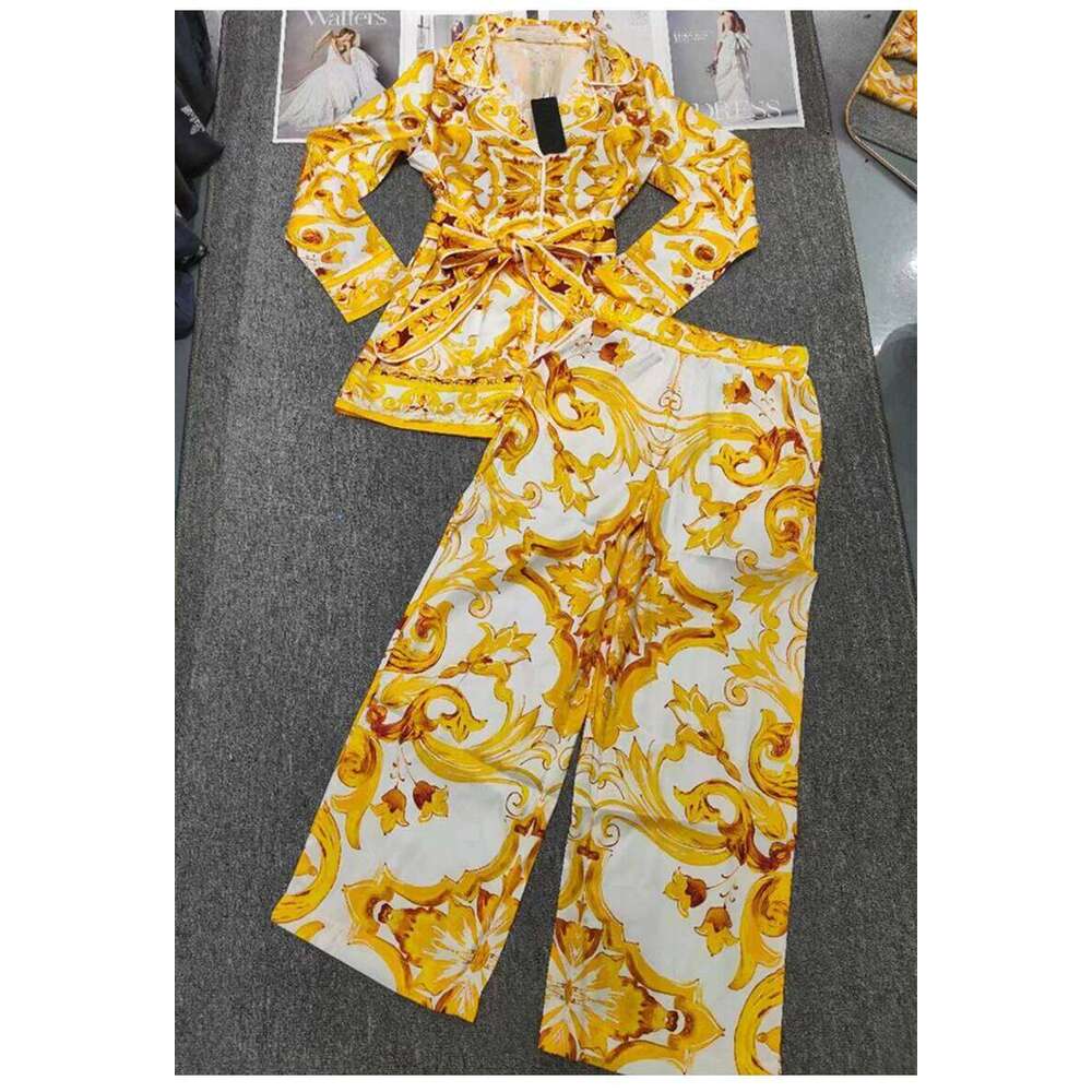 Women's Wear New Spring And Summer Geometric Printing Lapel Long-Sleeved Shirt+Elastic Waist Wide-Leg Trousers Casual Two-Piece Women's Suit