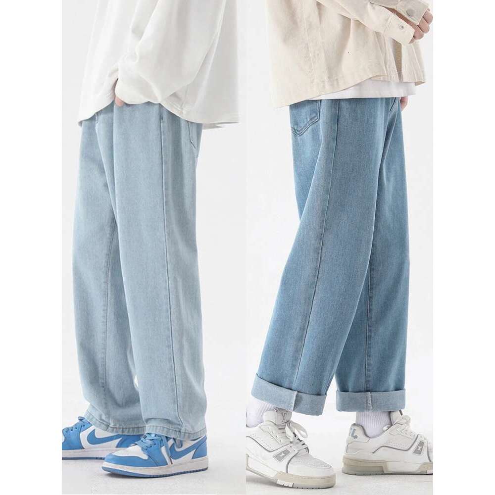 2023 New Korean Fashion Men's Casual Ankle-Length Jeans Classic Man Straight Denim Wide-Leg Pants Light Blue Grey Black 3Xl
