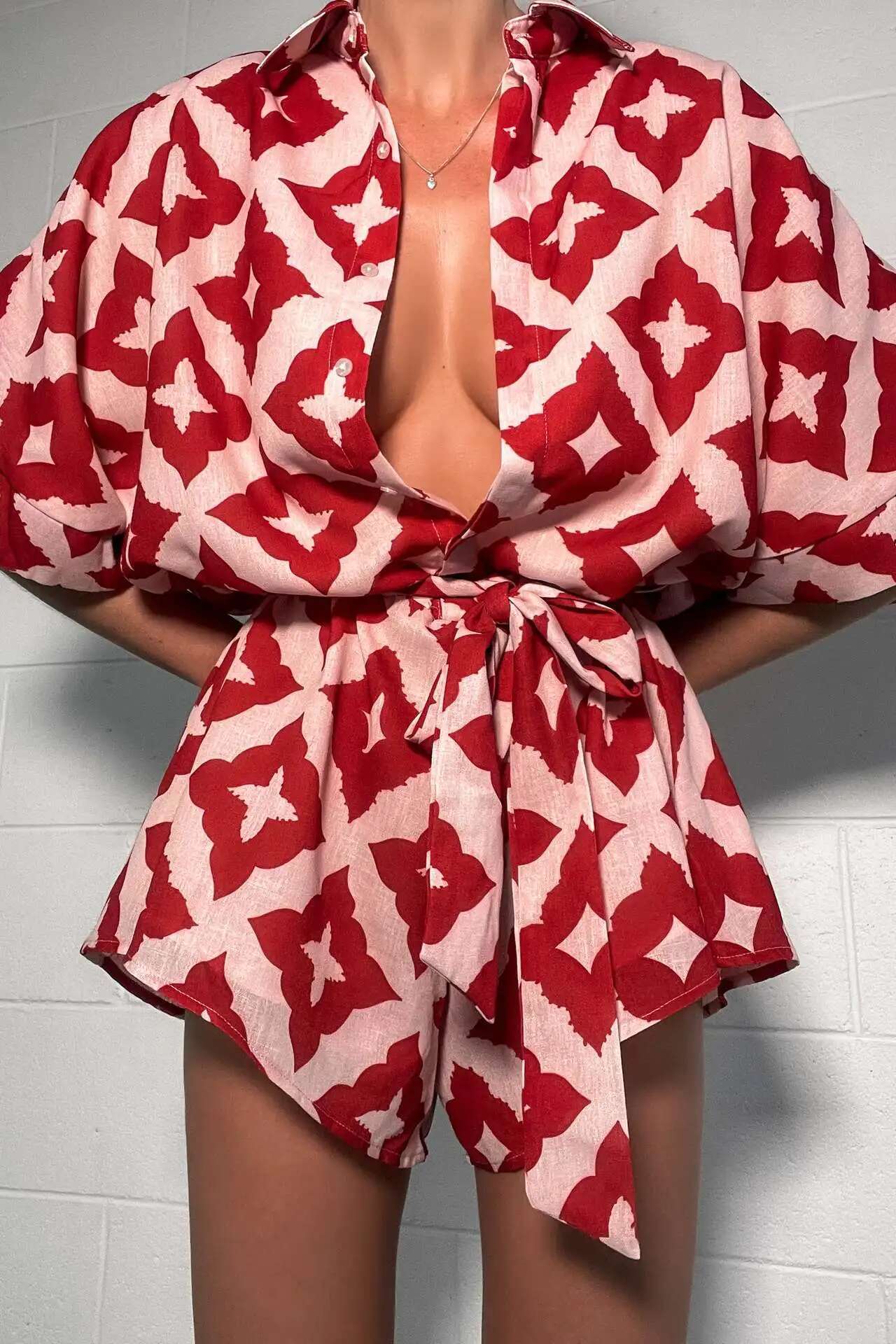 2024 New Autumn Women Casual Strap Jumpsuit Red Print Bow Tie Turndown Collar Loose Bodysuit Sexy Outfits Streetwear