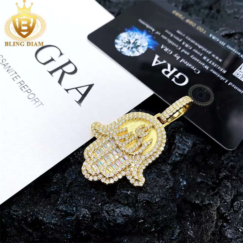 Wholesale Price GRA Certificate Hip Hop Jewelry 925 Sterling Silver Iced Out Moissanite Hamsa Hand Pendant