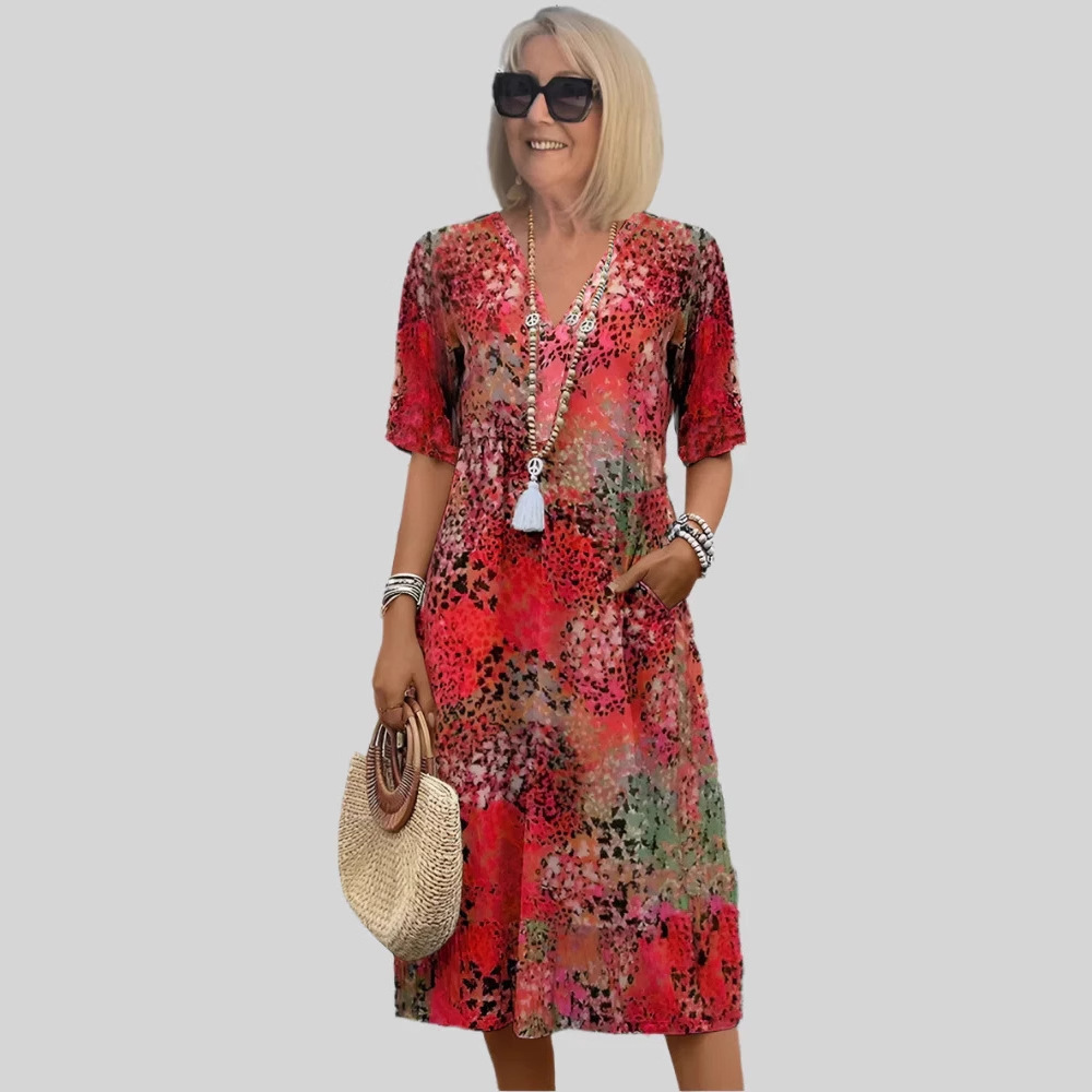 2025 Summer New Printed V-neck Leisure Vacation Pocket Dress for Women