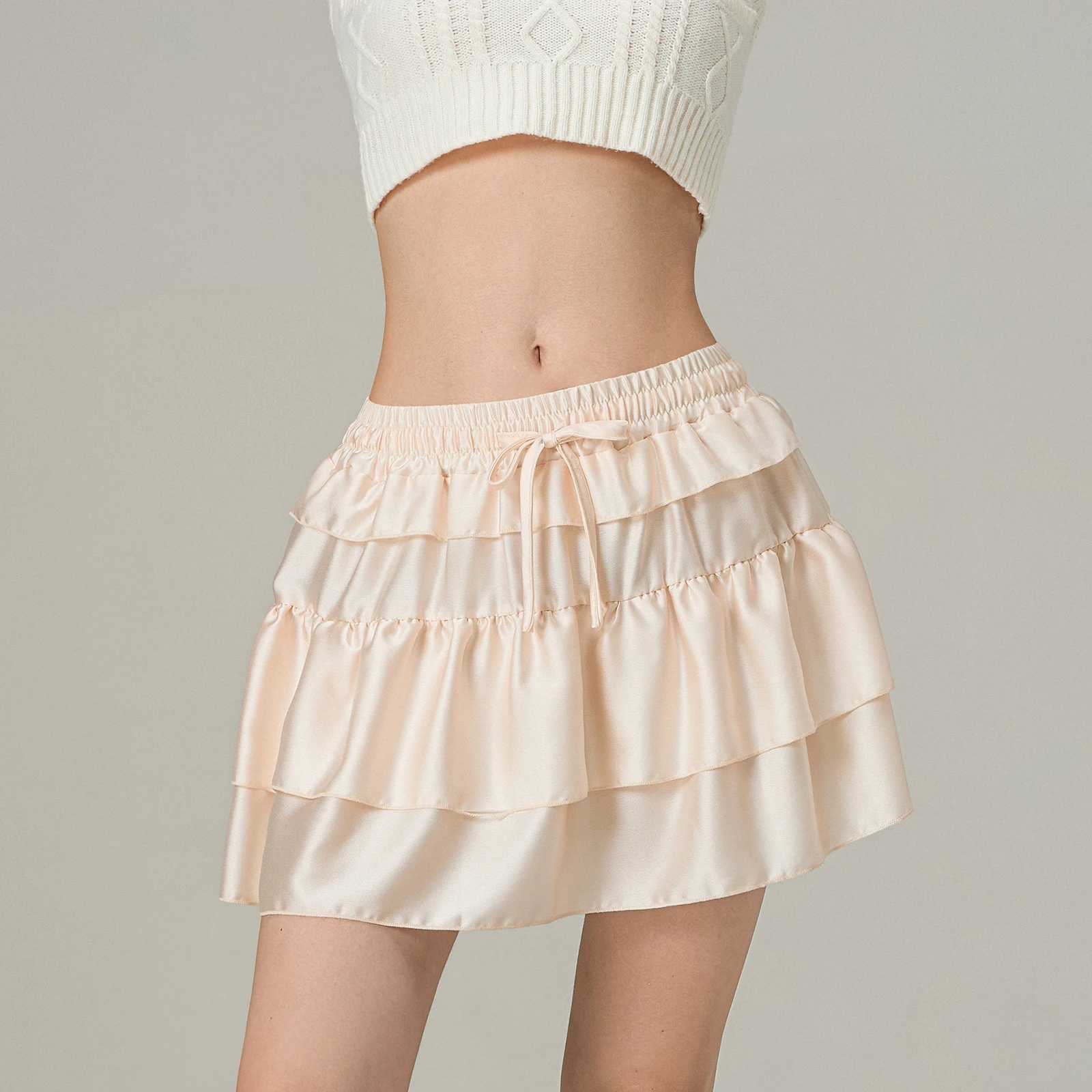 Womens Fashion Mini Skirt Layered Ruffle Solid Color Brushed Elastic Waist Skirt Summer Casual Short Skirt M250424
