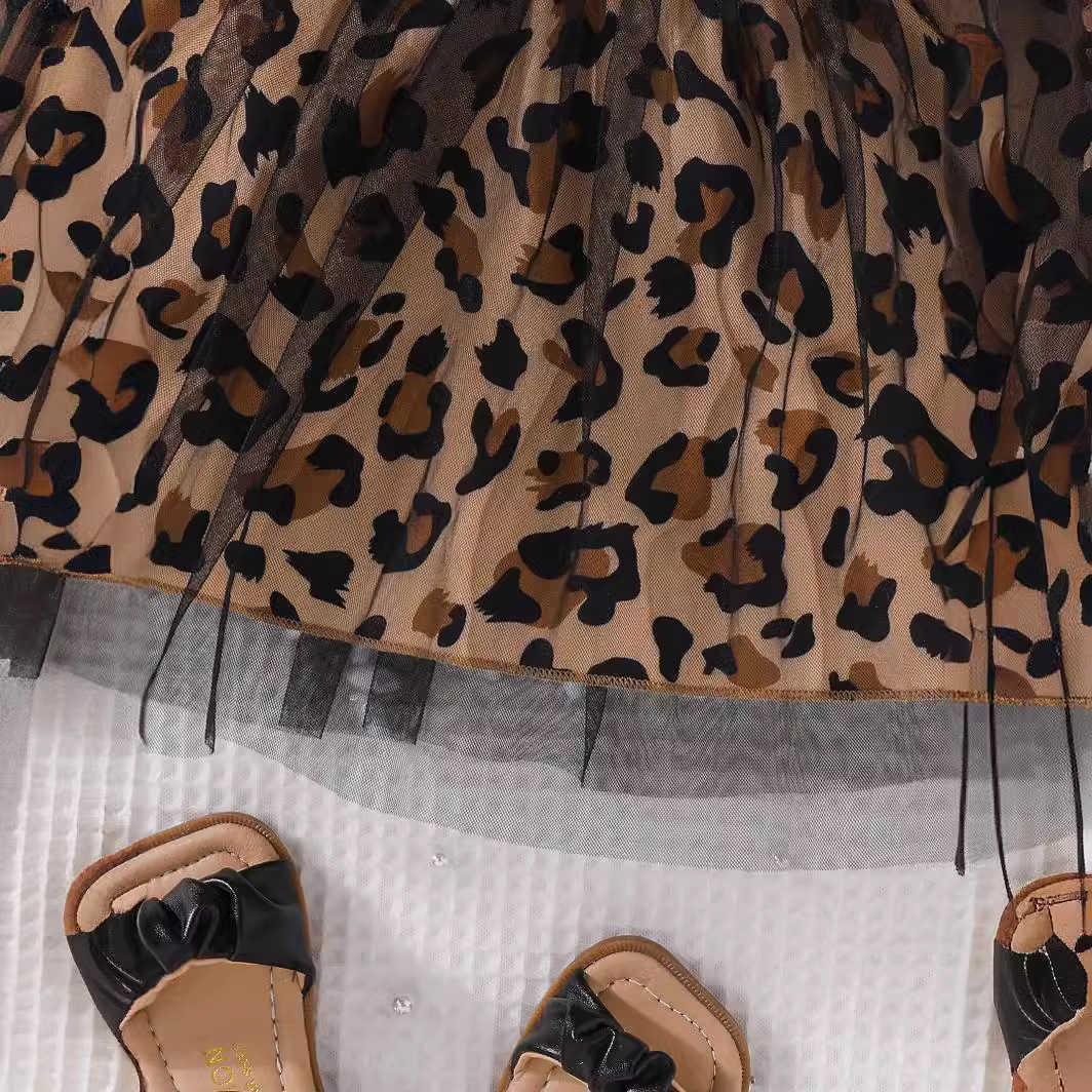 Childrens Summer Baby Girl Dress 2025 New Fashionable Girl Printed Splicing Leopard Mesh Skirt Y2504233epy