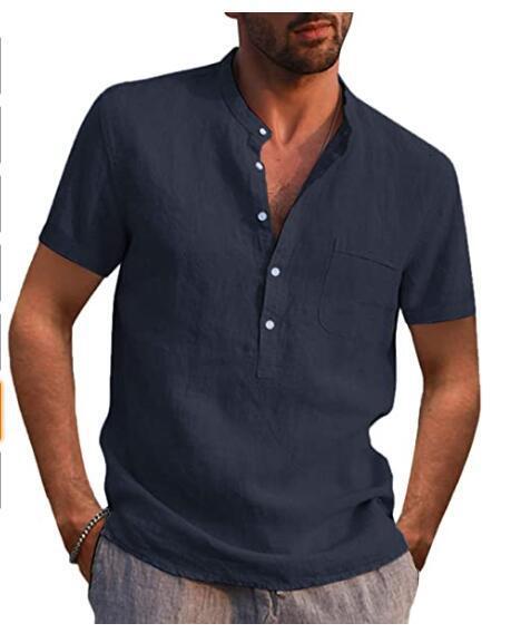 2022 mens short sleeve V-neck casual beach Linen Shirt Mens wear