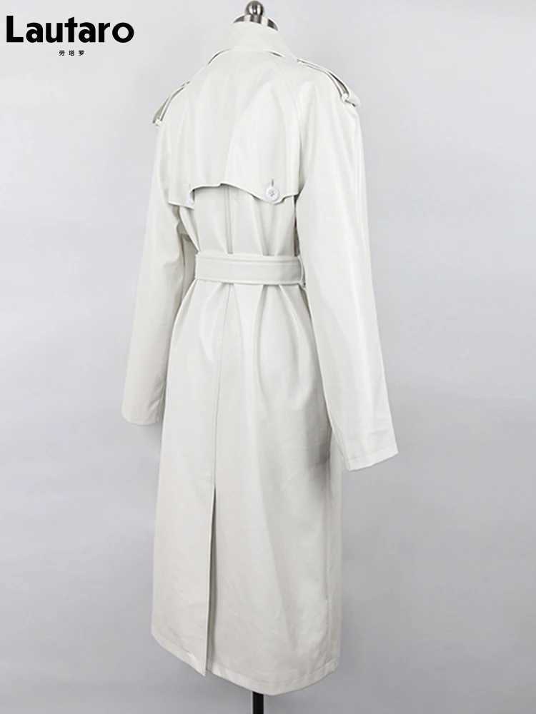 Lautaro Autumn Extra Long Oversized Black Faux Leather Trench Coat for Women Long Sleeve Belt Double Breasted Loose Fashion 2021 J251124