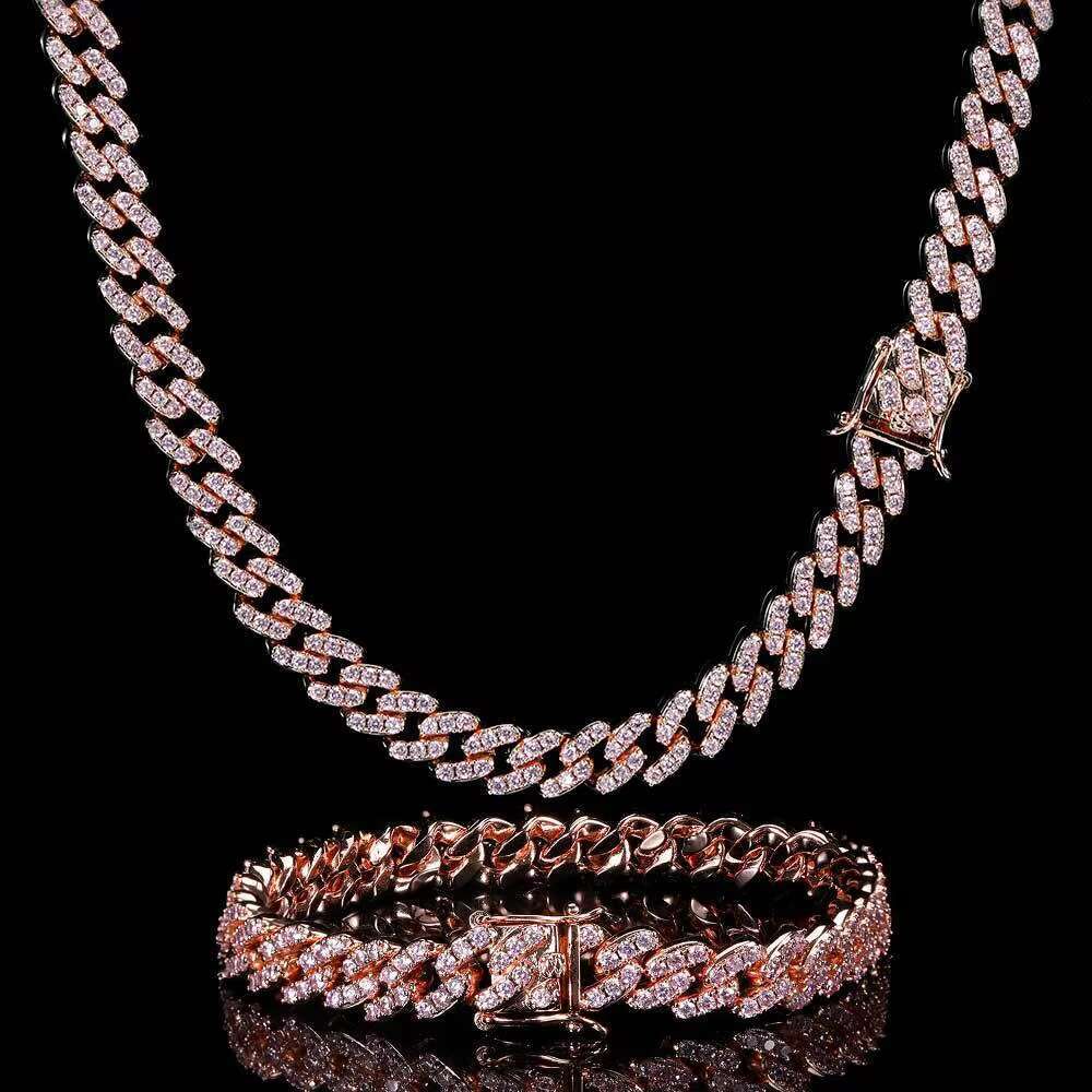 Hip Hop Jewelry 9mm Single Row Zirconia Real Gold Plating Cuban Chain Necklace and Bracelet for Weddings Men and Women