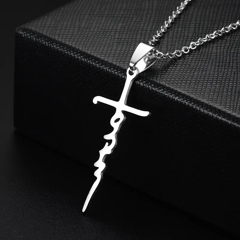 Top Source Temu's New Sweet Cross Stainless Steel Hip Hop Faith Neck Chain Necklace Clavicle