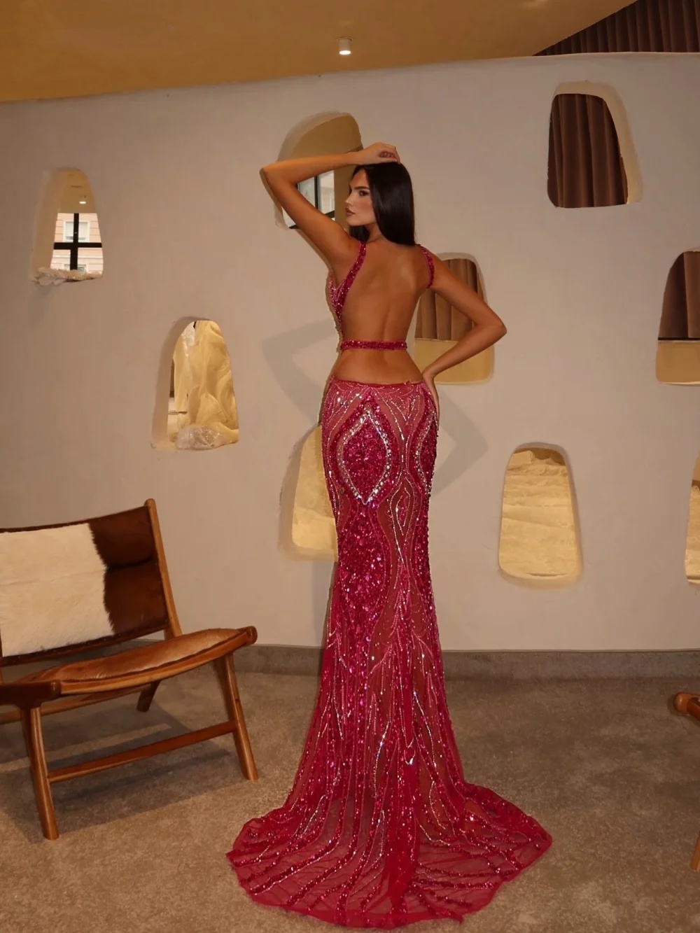 Sparkly Evening Dresses Sequins Rhinestone Prom Gowns Beading Backless See Through Illusion Customized Formal Occasion Sweep Train Party Dress Vestido