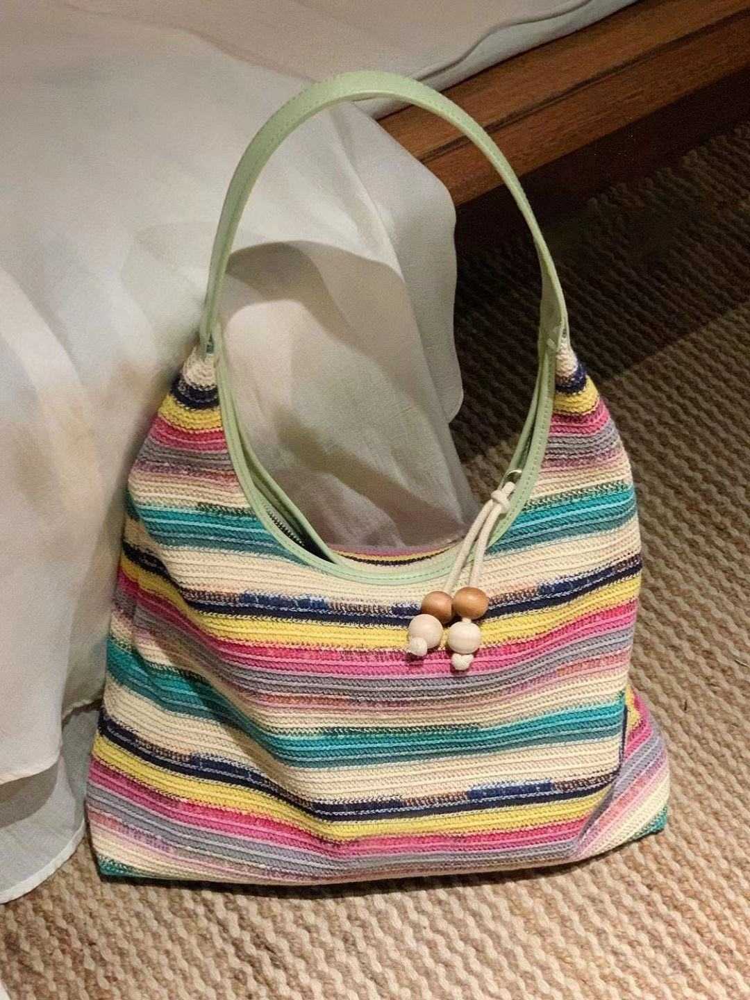 Rainbow Patterned Tote Bag for Women New Beach Woven Large Capacity Shoulder Bag Lazy Beach Bag Trend