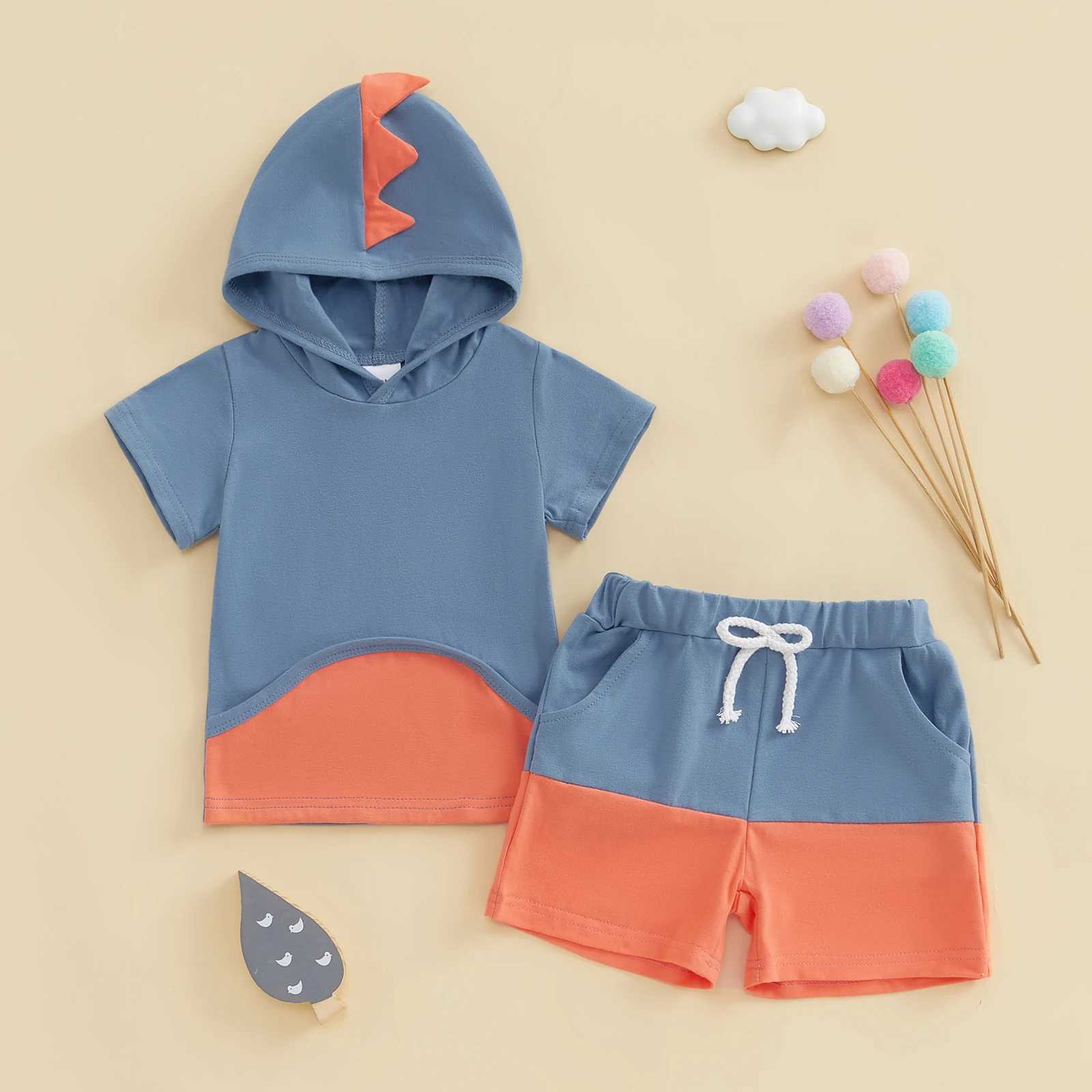 Clothing Sets Baby Boys Summer Clothes Fashion Kids Outfits Set Dinosaur Contrast Color Short Sleeve Hooded Tops Shorts Kids Suits R250424