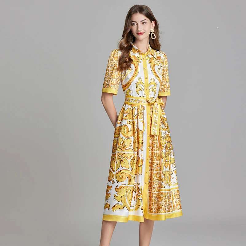 Summer Holiday Yellow Paisley Print Shirt Dresses Women's Turn Down Neck Short Sleeve Belt High Waist Beach Party Vestidos