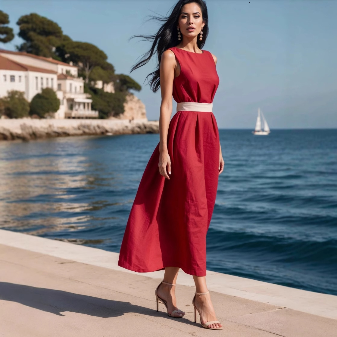 2025 New Summer Fashion Solid Color Waist Strap Medium Length Dress for Women