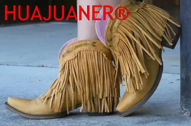 2025 Women Mid-calf Low Heel Bohemia Motorcycle Boots Fringed Cowboy Boots Shoes Spring Autumn Tassel Women Boots Botas Mujer 250418
