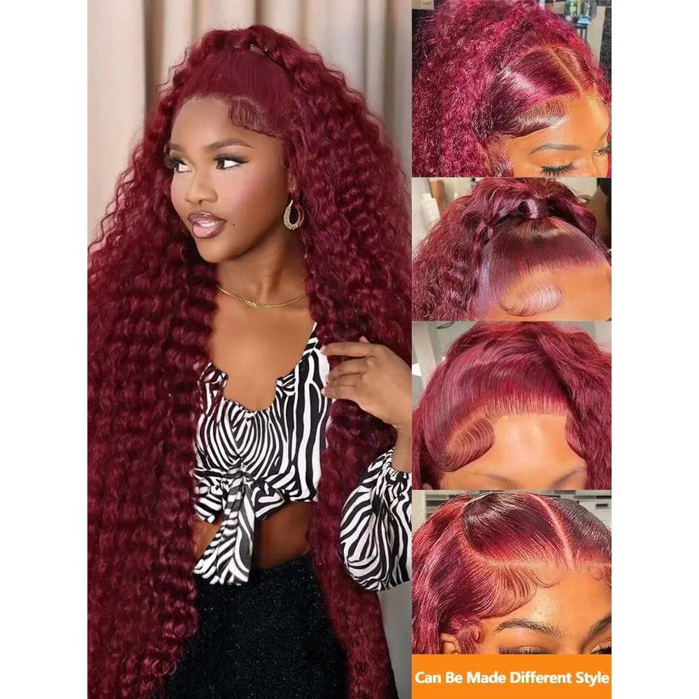 250 Density Deep 99J Bury 13X4 Frontal Wig Human Hair 13X6 Curly 30 40 Inch HD Lace Front Wigs Red Wine Water Wave
