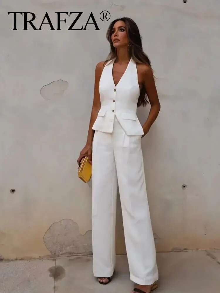 TRAFZA Women Fashion Solid Pant Suit Halter Single Breasted Sleeveless Blazer Vest Top Zipper Fly Trousers Office Lady Sets