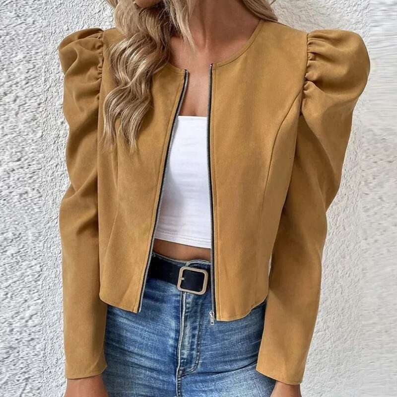 Fashion Short For Elegant Puff Sleeve Coat Jackets With Zipper Outerwear Black Jacket Women
