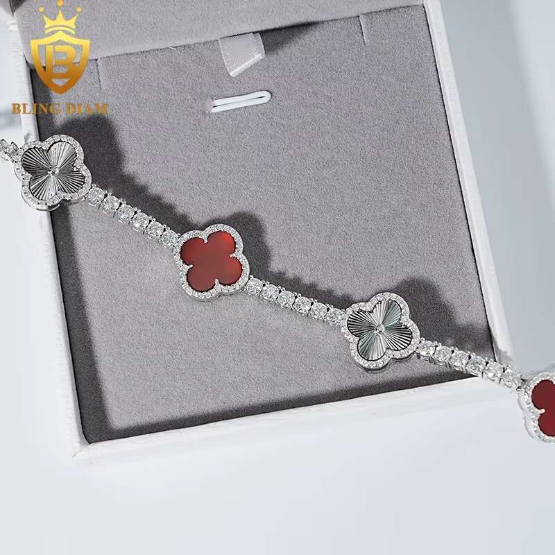 3mm Fashion Fine Jewelry Red Agate Four Leaf Clover Iced Out Moissanite Tennis Chian Bracelet