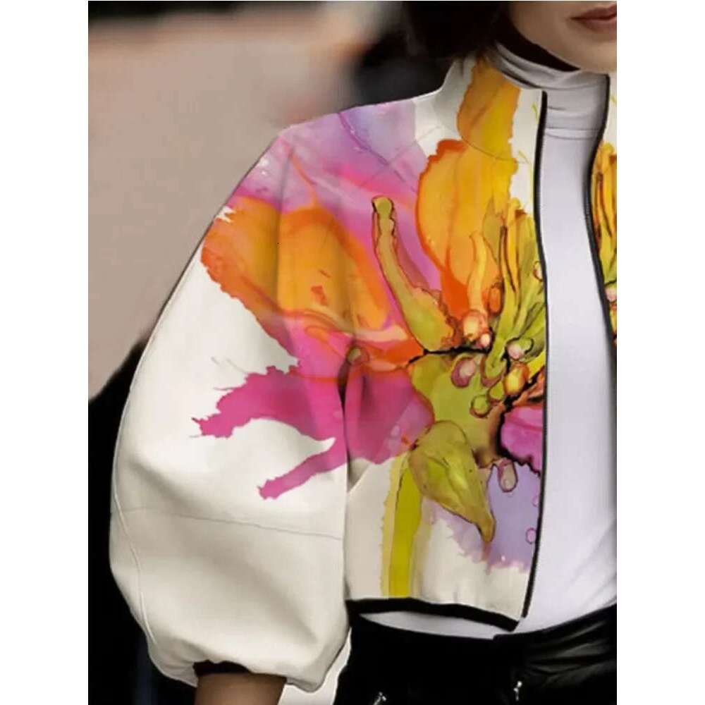 Designer Clothes Women's Autumn New Jacket Floral Printed High Neck Puff Sleeves Coat Zippered Half Sleeve Loose Fit Outerwears