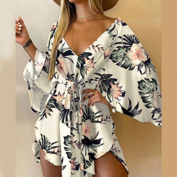 2021 fall new sexy V-neck irregular bat sleeve lace up dress