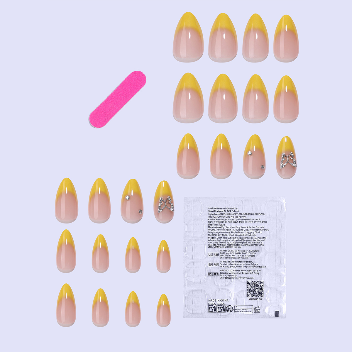 24 pieces of short press-on nails, yellow gradient with three-dimensional butterfly diamonds, fully covering almond nails, suitable as a gift for girl