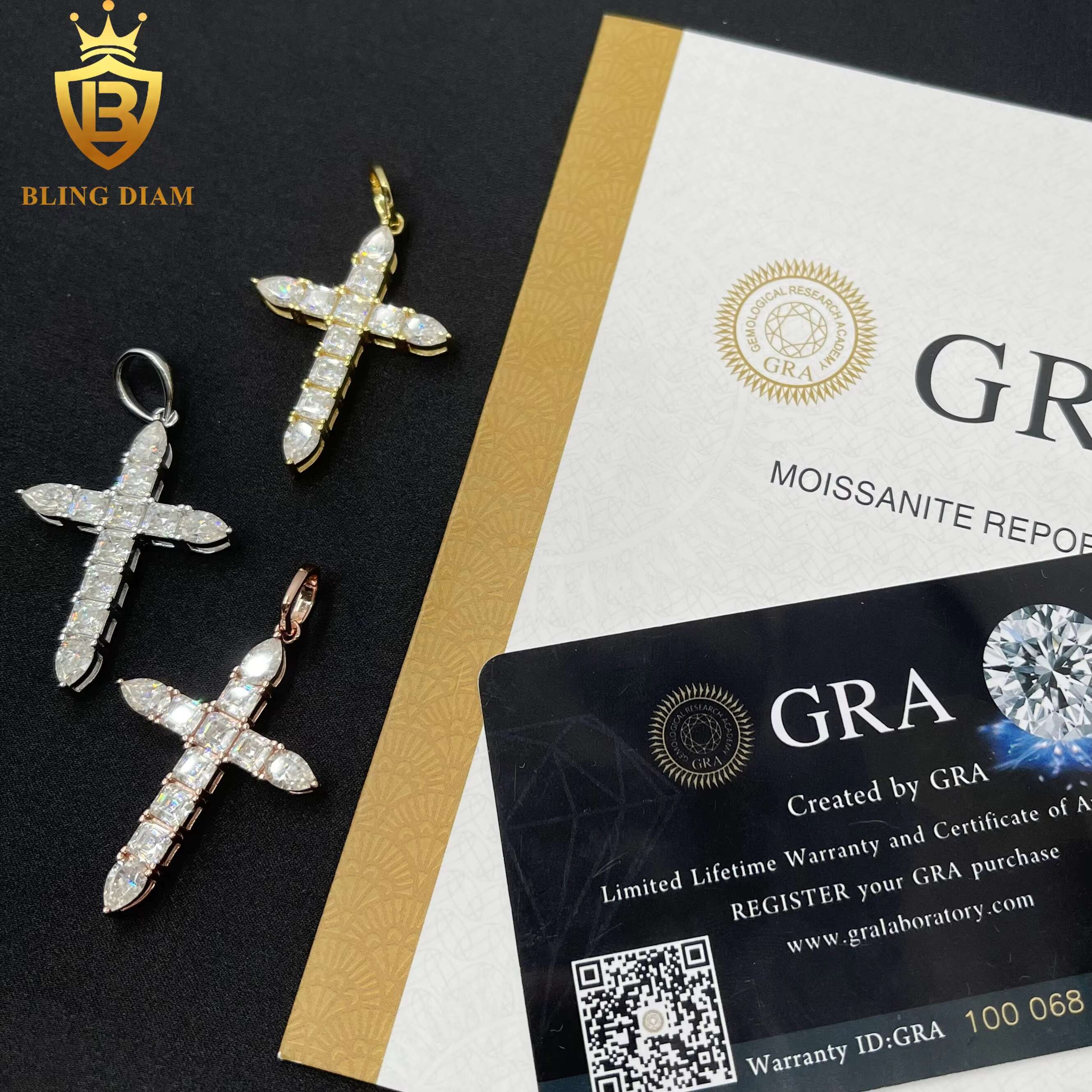 In Stock Fashion Hip Hop Jewelry Classic Tennis Cross Pendant Asscher Cut Necklace VVS Moissanite 925 Sterling Silver