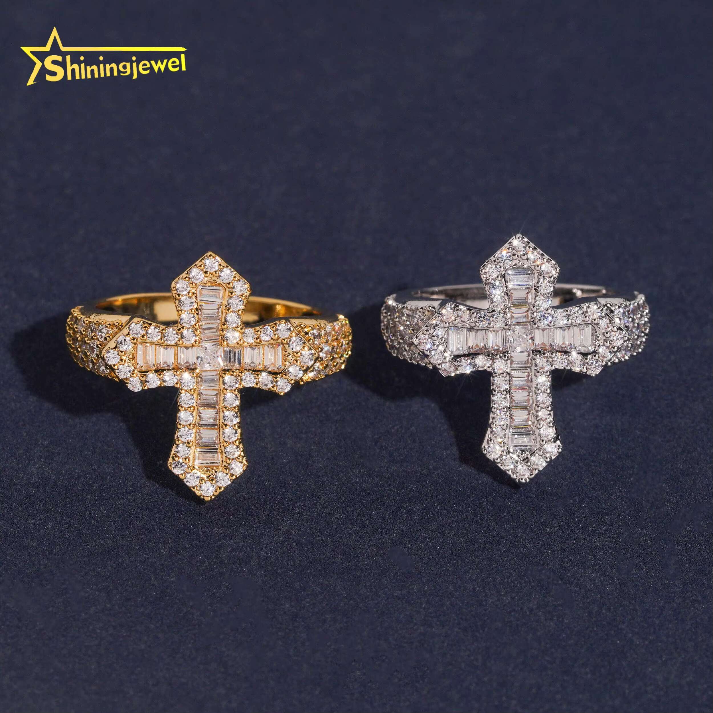 Hip Hop Cross Style Iced Out Baguette Cut Moissanite Diamond Ring Custom 925 Sterling Silver Men Ring Moissanite Fine Jewelry