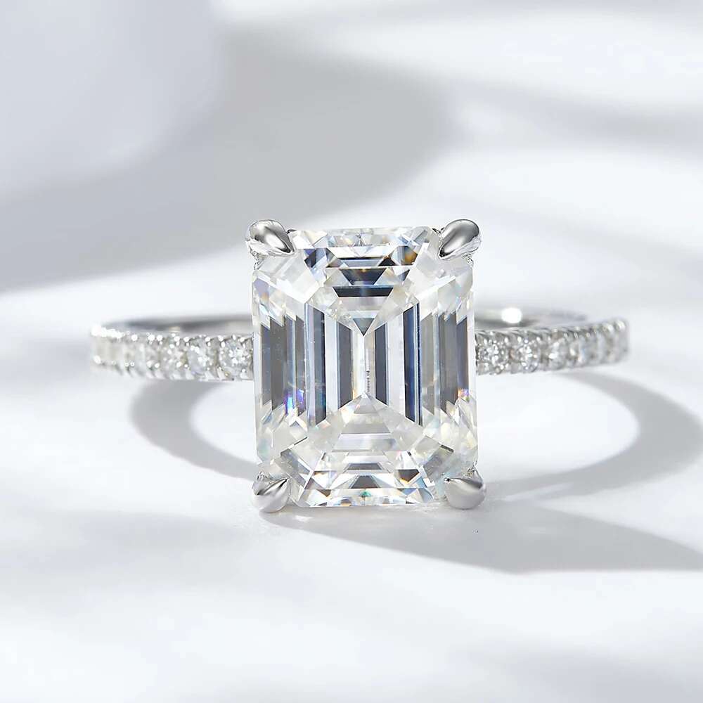 Emerald/Radiant Cut Real Full Moissanite Ring for Women 8*10mm D Color Diamond 925 Sterling Silver Wedding Band with Certificate