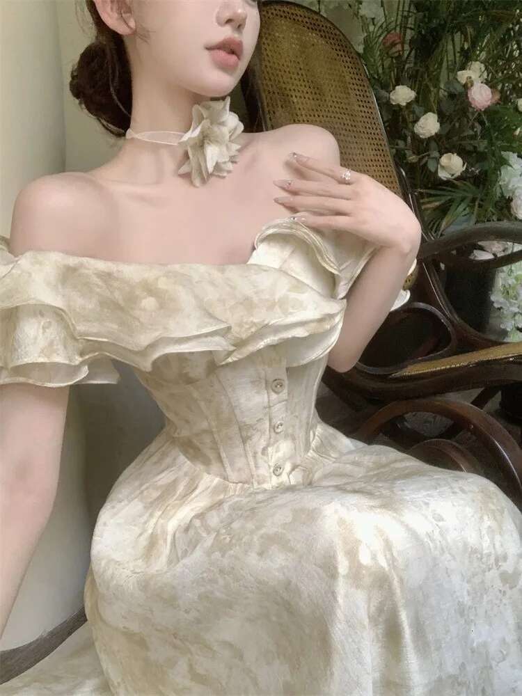 France Elegant Slim Ruffles Midi Dresses Summer Princess Evening Party Prom Dress Women Fashion Off Shoulder A-Line Vastidos