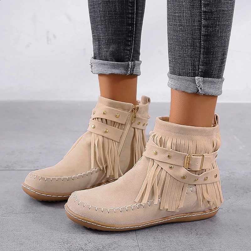 Ankle Boots Womens Flat Shoes Fringed Gothic Female Sneakers Woman Cowgirl Elegant Belt Buckle Rivet Plus Size 43 Socofy 250418