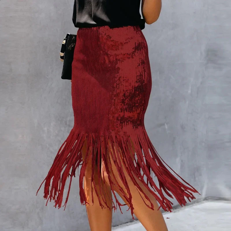 French Chic Sequined Fringe Skirt for Women High Waist Sheath Miniskirt Ladies Sexy Club Dance Rave Party 250421