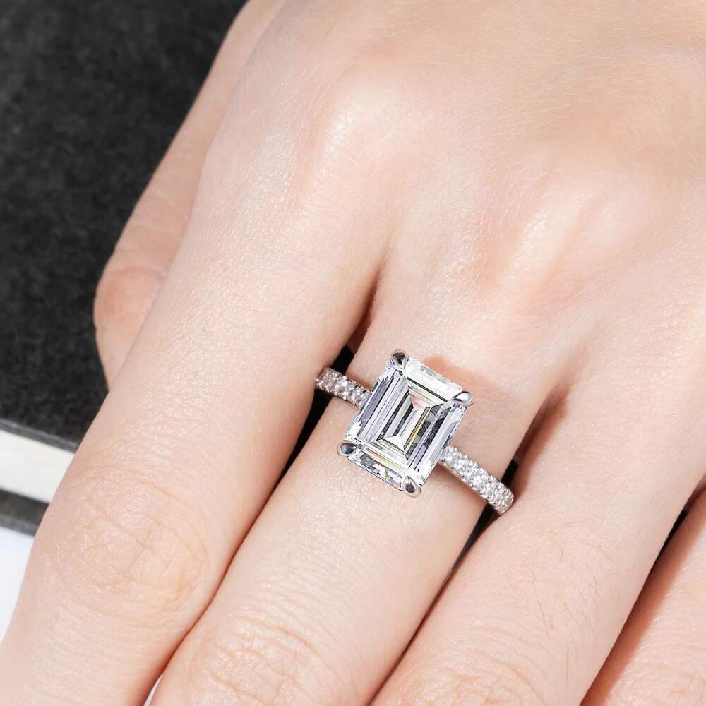 Emerald/Radiant Cut Real Full Moissanite Ring for Women 8*10mm D Color Diamond 925 Sterling Silver Wedding Band with Certificate