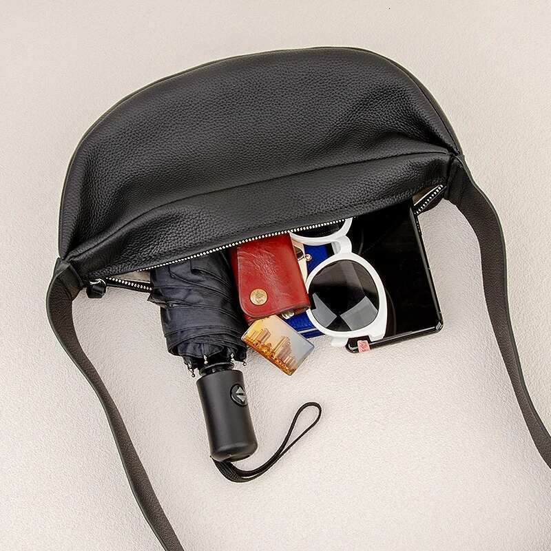 Donna-In Genuine Leather Cross-Body Women Men Classic Casual Black Hobos Chest Bag Comfortable Wide Shoulder Strap
