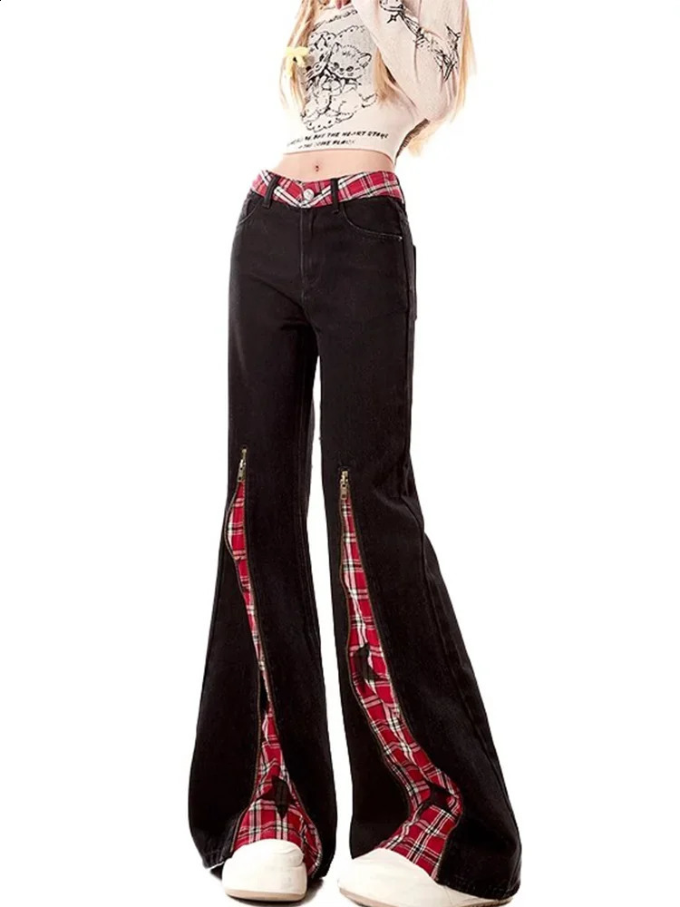 Retro plaid patchwork work flash jeans for women high waisted slimming straight leg denim pants oversized Y2k 2000s trash can 250422