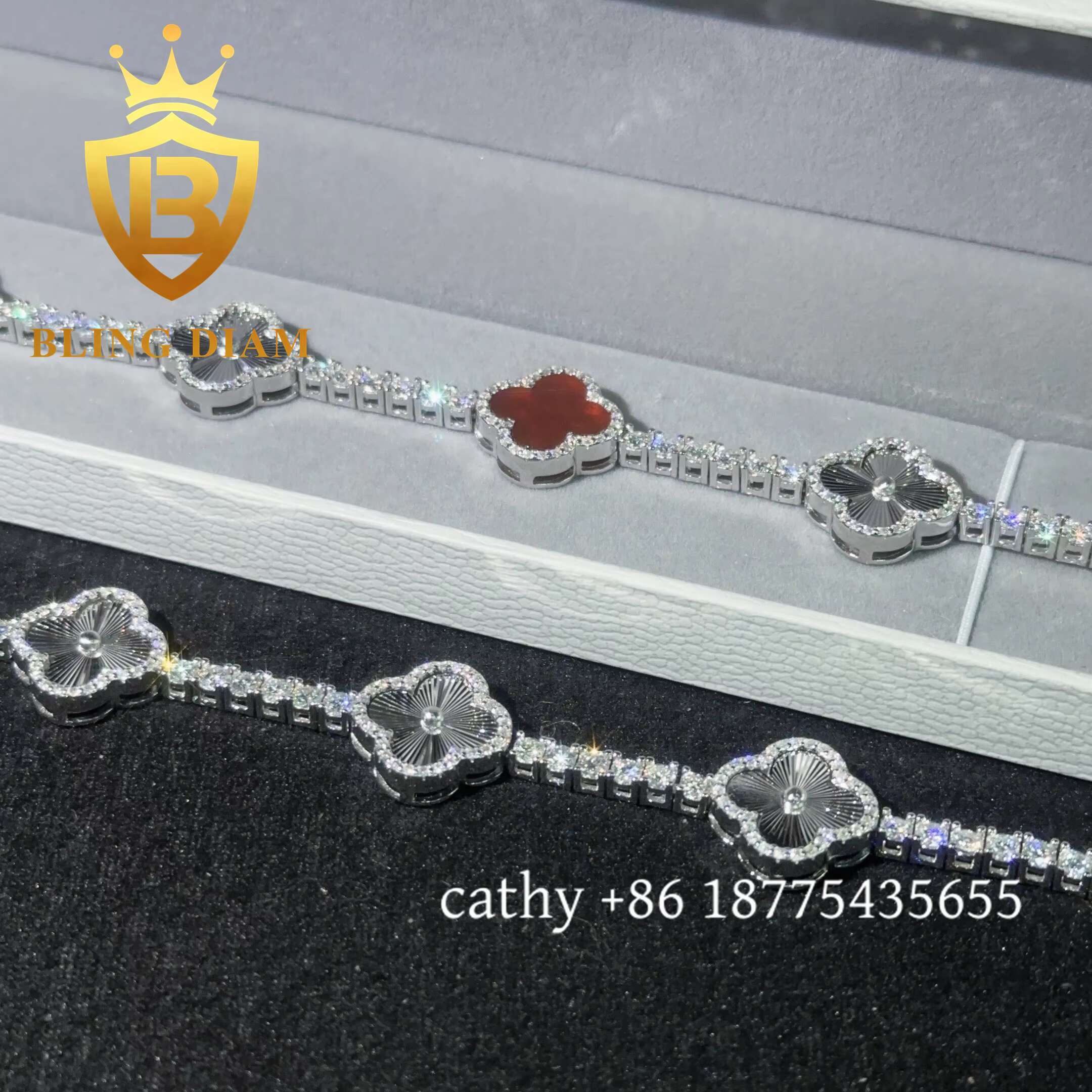 Fashion Clover Moissanite Tennis Chain Bracelet 925 Sterling Silver 3mm Moissanite Bracelet Pass Diamond test for Men Women