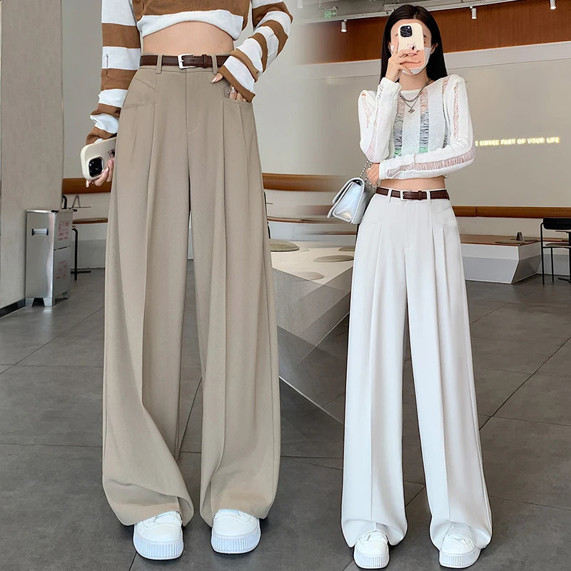 Autumn High Waist Suit Wide Leg Womens Full Pants Female Korean Elegant Minimalism Straight Loose Trousersno belt 250421