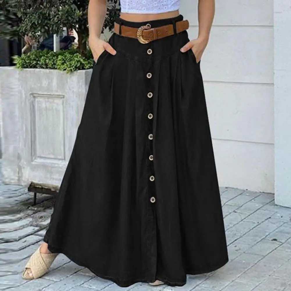 Large hem womens long solid color high waist fully matched button decoration A-line summer loose long skirt womens dress M250424