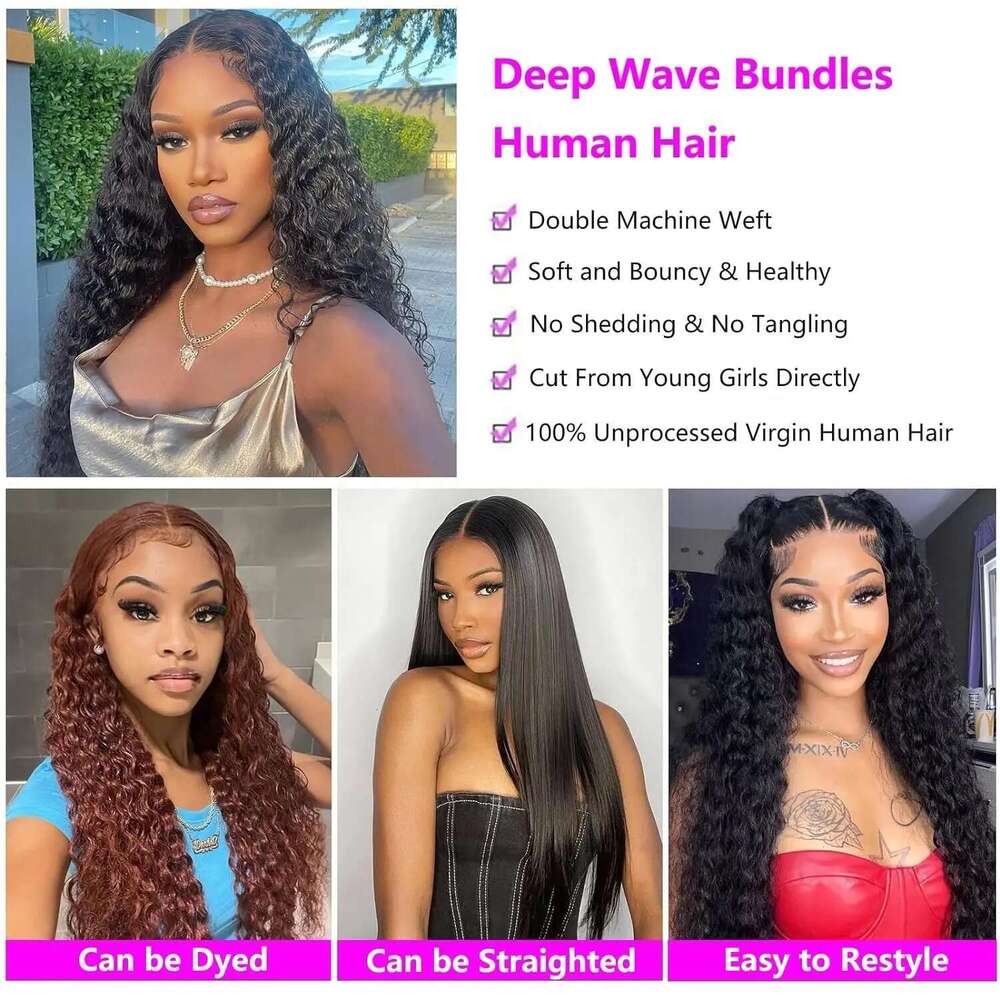 Deep Wave Brazilian Virgin Human Hair 3 Bundles With 4X4 Lace Closure For Black Women Natural Color 30 Inch