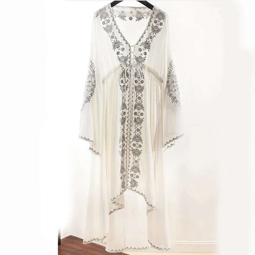 KHALEE YOSE Bohemian Sexy Maxi Dress Long Sleeve Dresses Women Tunic Vintage Floral Embroidered Cotton Casual Hippie Boho Robe