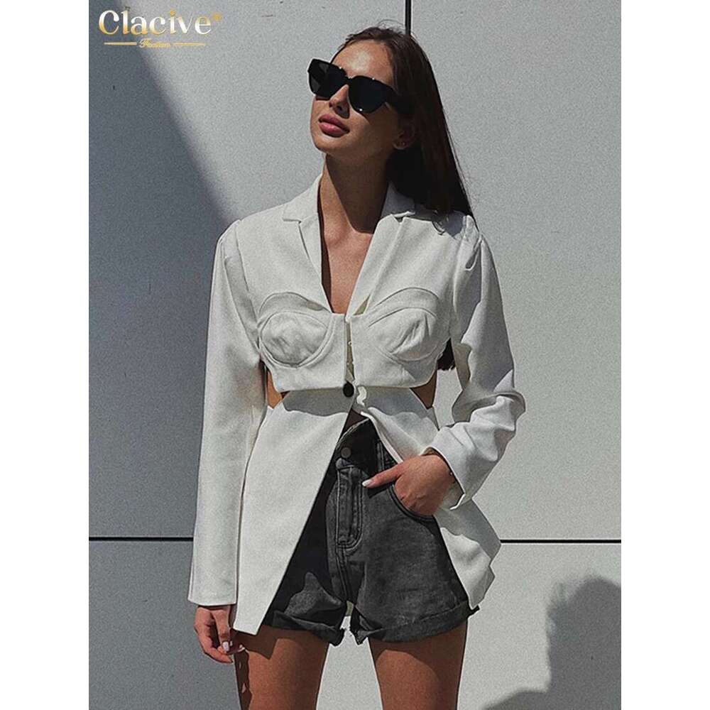 Clacive Sexy Slim White Women's Blouse 2025 Fashion Lapel Long Sleeve Shirt Elegant Classic Hollow Out Top Female Clothing