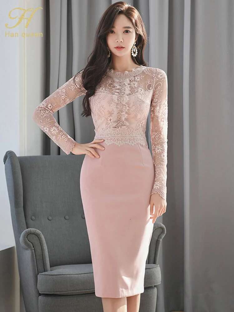 H Han Queen Korean Spring Retro Lace Ing Vestidos Sexy Dress Women Office Work Bodycon Sheath Casual Pencil Dresses