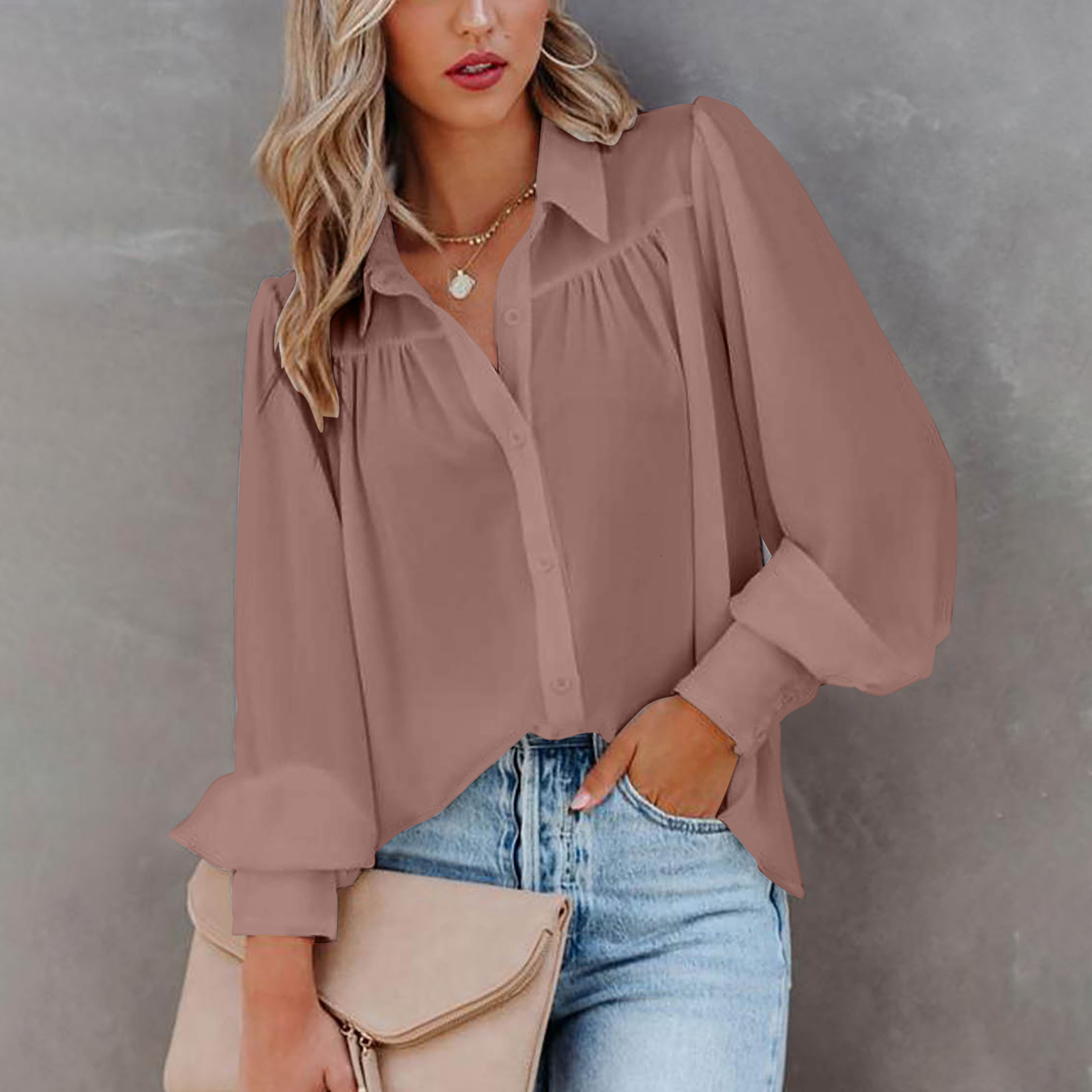 2022 Yama long sleeve button up top Lantern Sleeve pleated solid color stand collar loose shirt womens wear