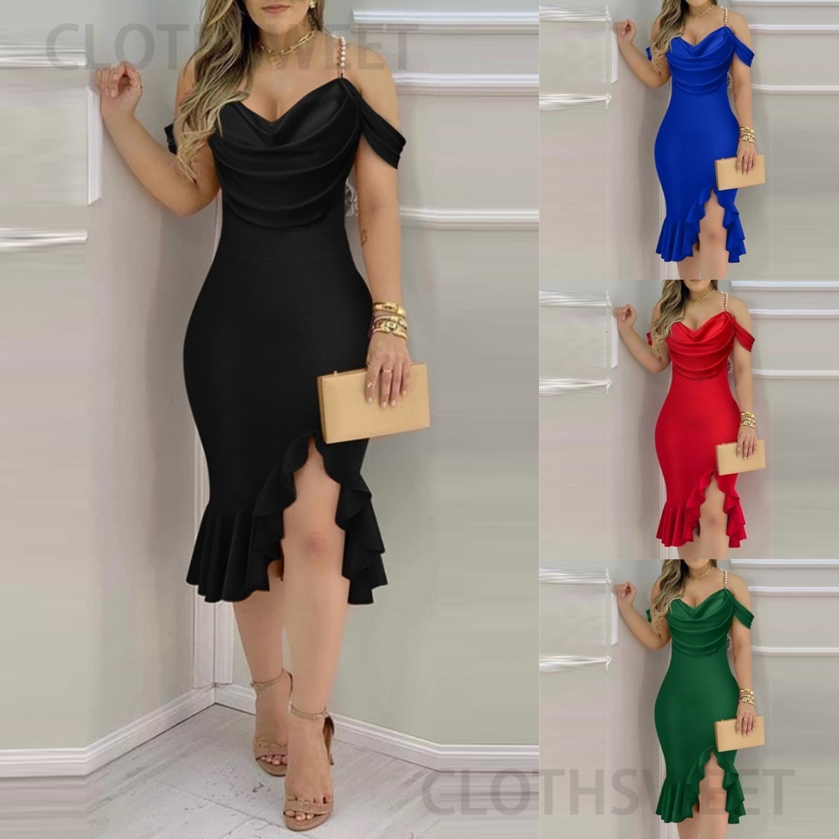 2024 New Pearl Chain Decorative Fake Two piece Swinging Collar Dress