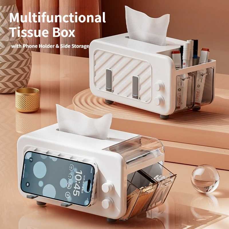 Multifunctional Tissue Box with Phone Holder Side Storage Side drawer for toothpicks/wires Smooth Pull for Home OfficeM251124