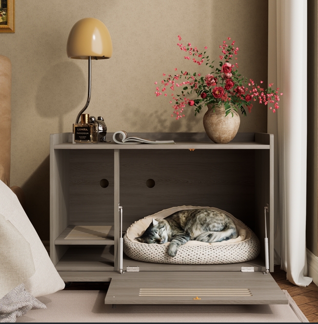 Gray Cat Litter Box Enclosure, Furniture with top side fence,Wooden Pet House Side End Table, Storage Cabinet Bench for Living Room,,Bedroom, Fit Most