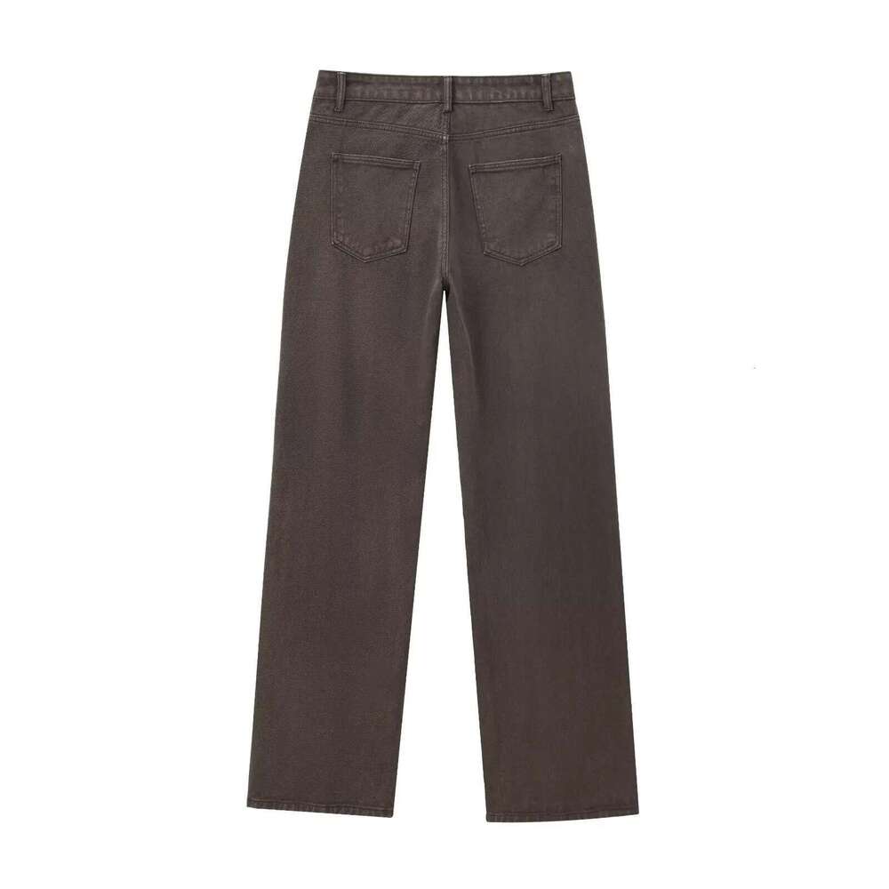 Tangada 2025 Women Coffee Long Jeans Trousers Pocket Female Denim Straight Pants 4M0144